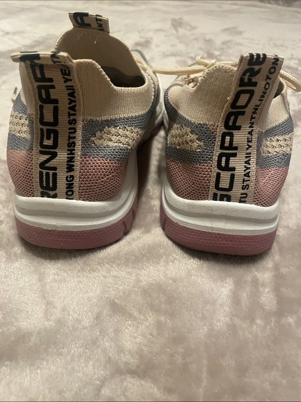 Beige Knit Slip-On Athletic Sneakers with Lace-Up Detail